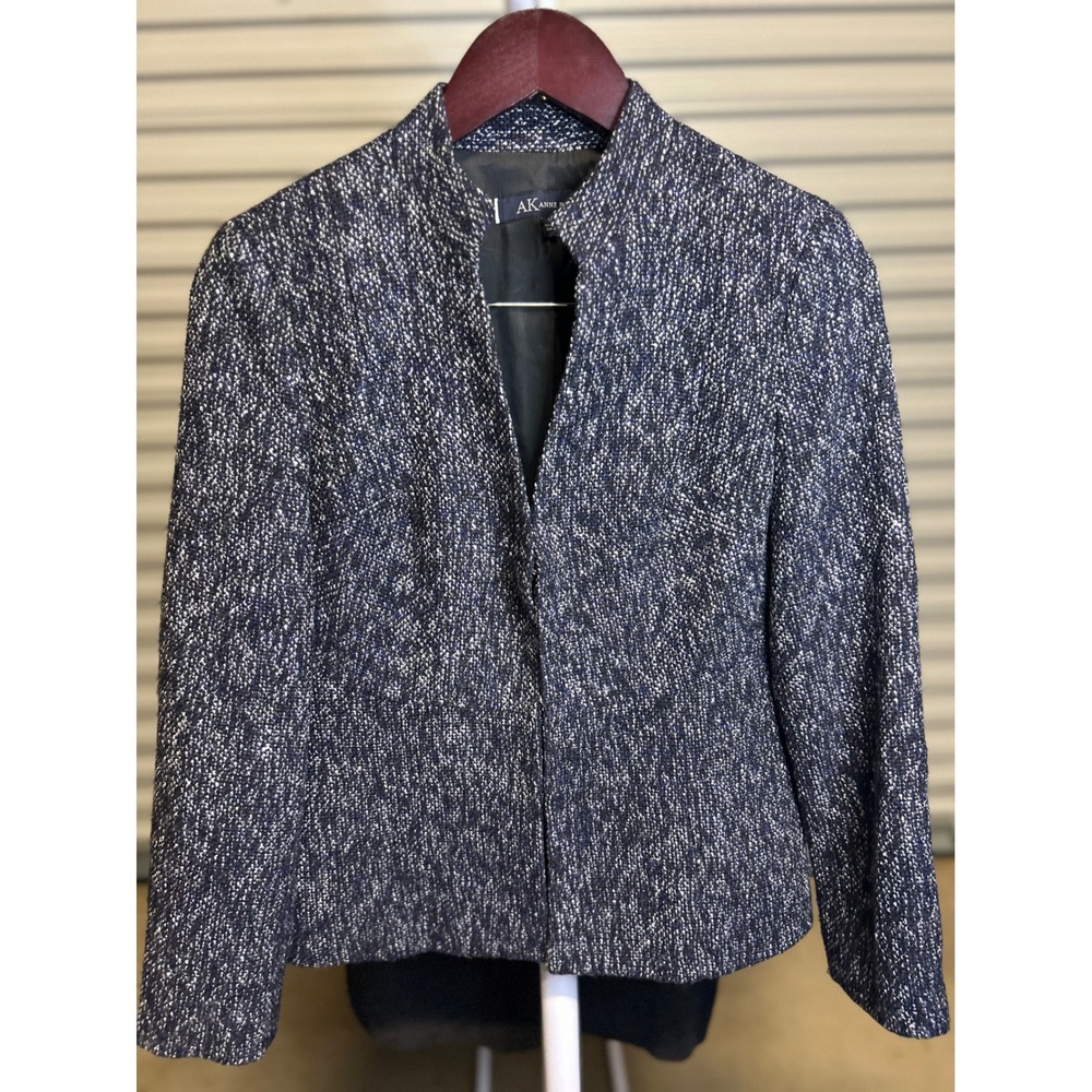 Anne Klein Blazer Women 6 Navy Blue Tweed Open Front Stand Collar Professional